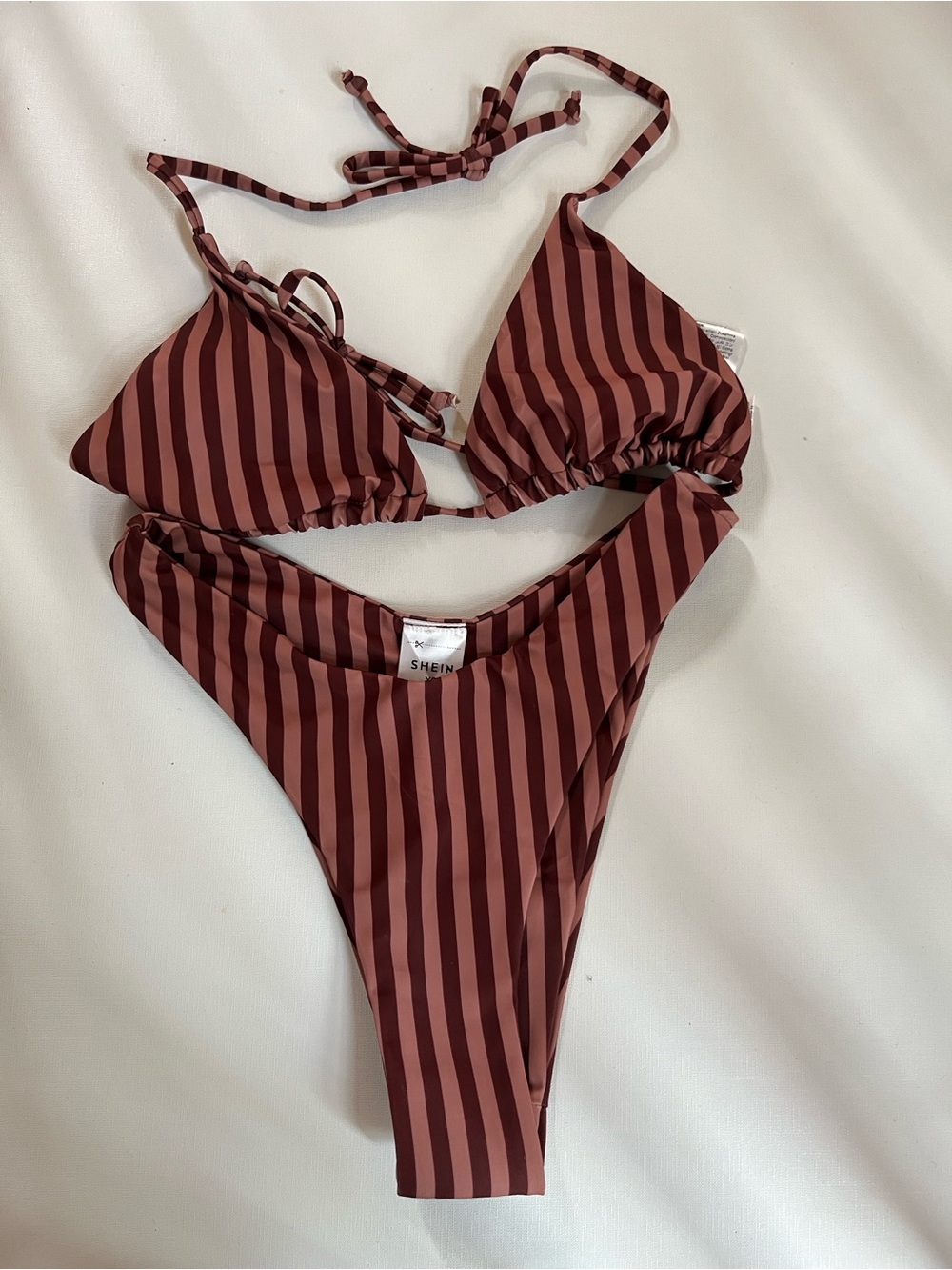 SHEIN Red and Brown Striped Triangle Bikini Set